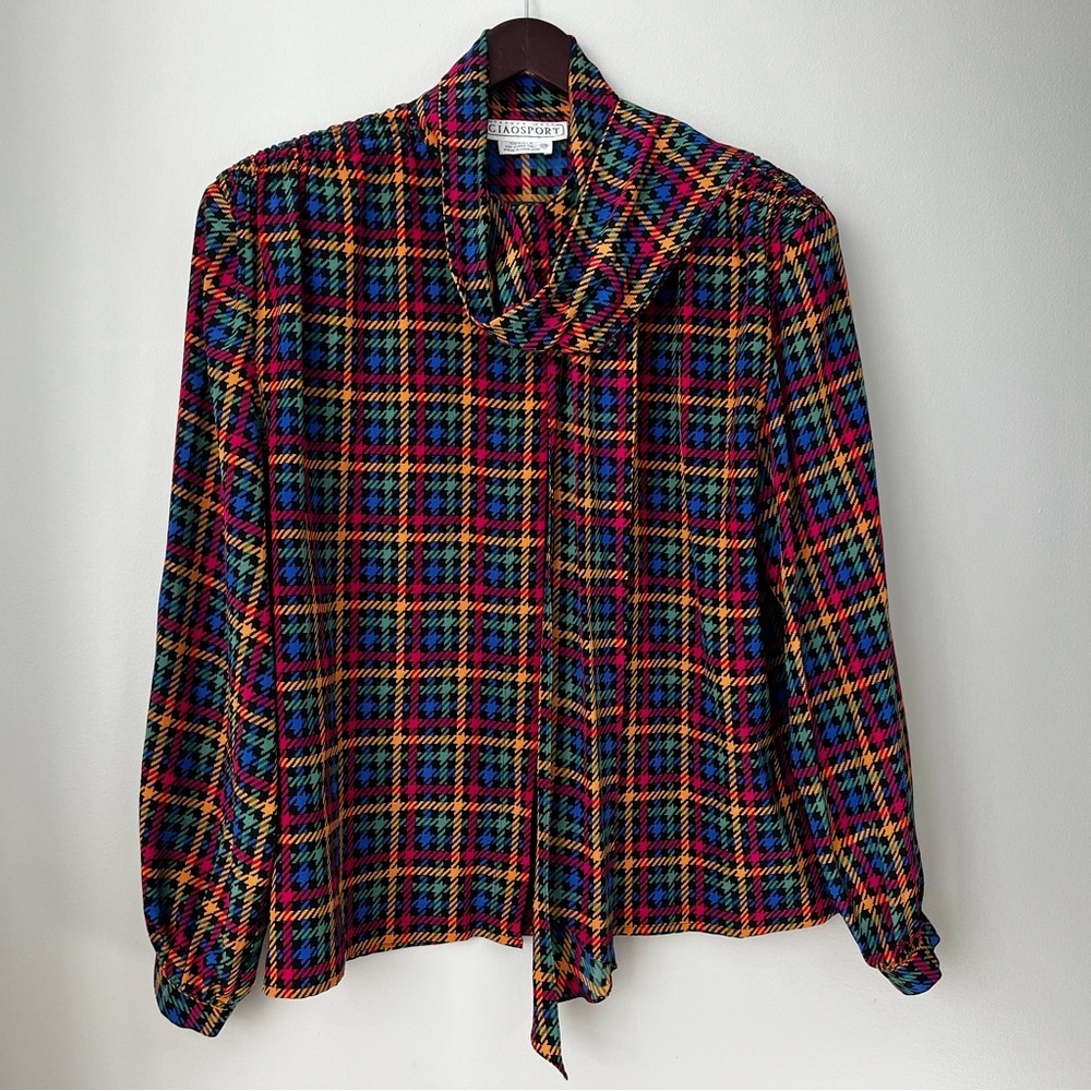 VTG CIAO SPORT Women’s 14 Multicolor Houndstooth Silk Tie Neck Blouse RETRO CHIC - Picture 9 of 10
